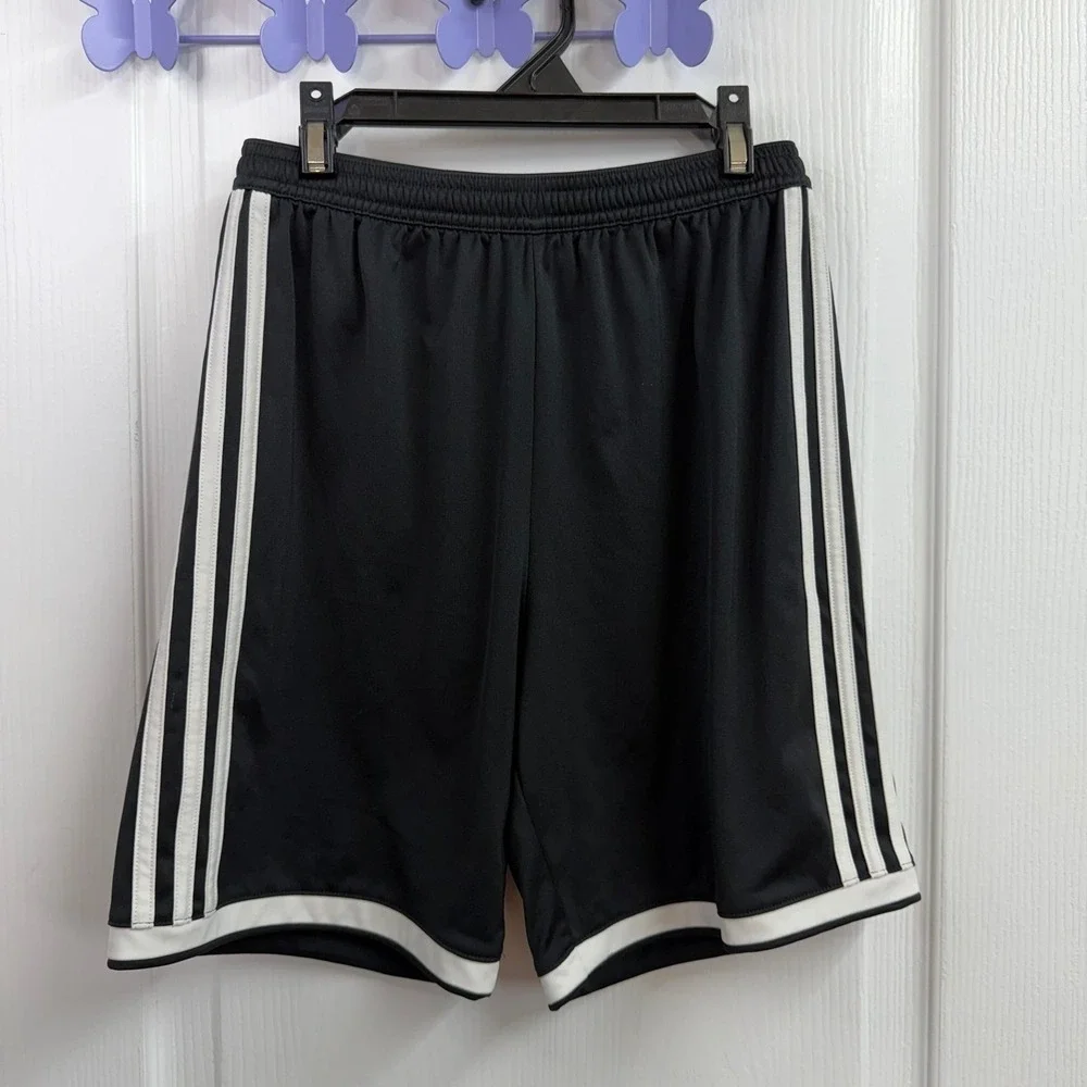 Adidas youth boy's black white striped pull on athletic basketball shorts casual